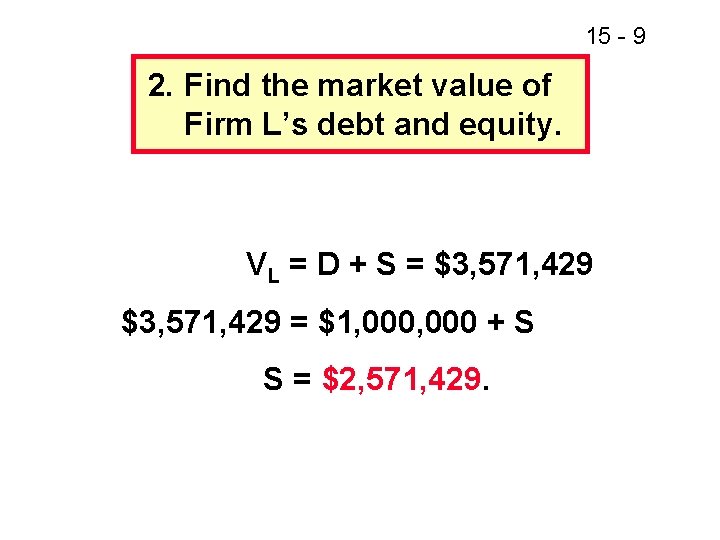 15 - 9 2. Find the market value of Firm L’s debt and equity.