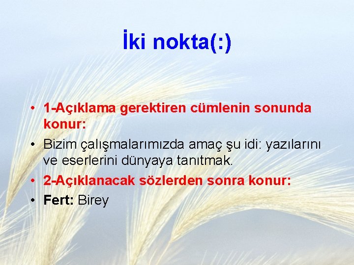 İki nokta(: ) • 1 -Açıklama gerektiren cümlenin sonunda konur: • Bizim çalışmalarımızda amaç