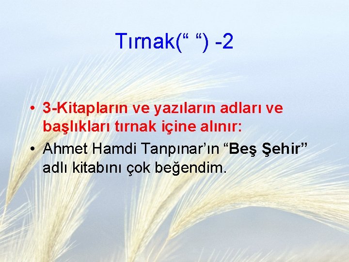 Tırnak(“ “) -2 • 3 -Kitapların ve yazıların adları ve başlıkları tırnak içine alınır: