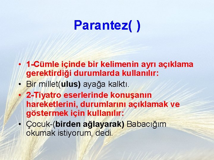 Parantez( ) • 1 -Cümle içinde bir kelimenin ayrı açıklama gerektirdiği durumlarda kullanılır: •