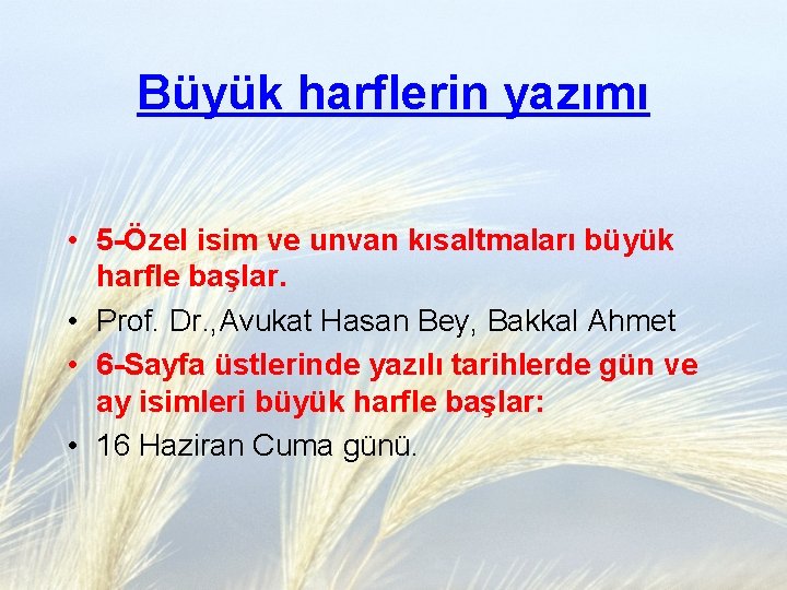 Büyük harflerin yazımı • 5 -Özel isim ve unvan kısaltmaları büyük harfle başlar. •