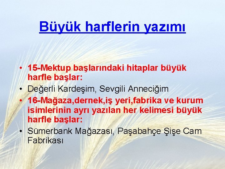 Büyük harflerin yazımı • 15 -Mektup başlarındaki hitaplar büyük harfle başlar: • Değerli Kardeşim,