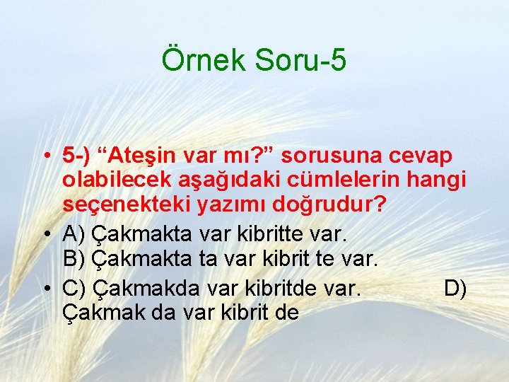 Örnek Soru-5 • 5 -) “Ateşin var mı? ” sorusuna cevap olabilecek aşağıdaki cümlelerin