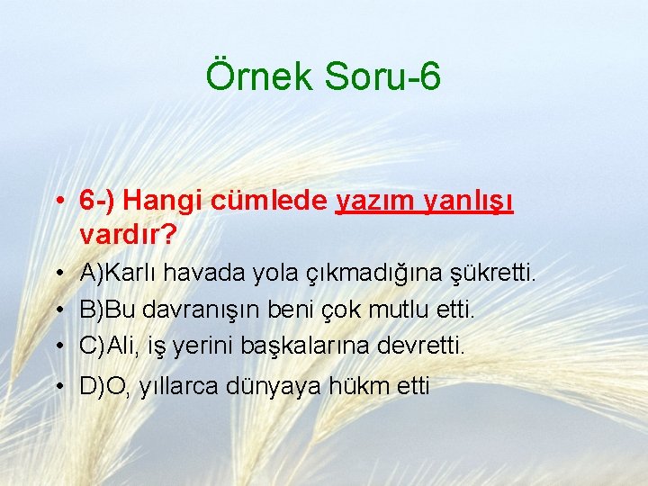 Örnek Soru-6 • 6 -) Hangi cümlede yazım yanlışı vardır? • A)Karlı havada yola