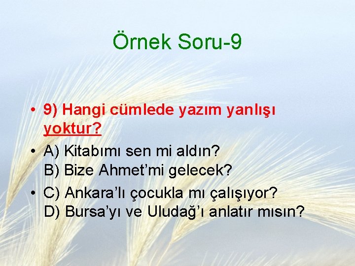 Örnek Soru-9 • 9) Hangi cümlede yazım yanlışı yoktur? • A) Kitabımı sen mi