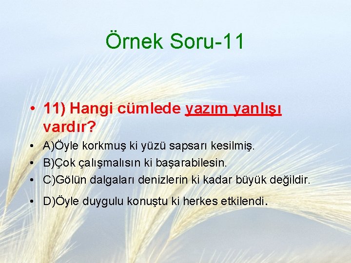 Örnek Soru-11 • 11) Hangi cümlede yazım yanlışı vardır? • A)Öyle korkmuş ki yüzü
