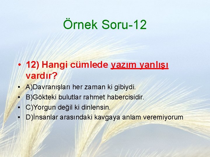 Örnek Soru-12 • 12) Hangi cümlede yazım yanlışı vardır? • • A)Davranışları her zaman