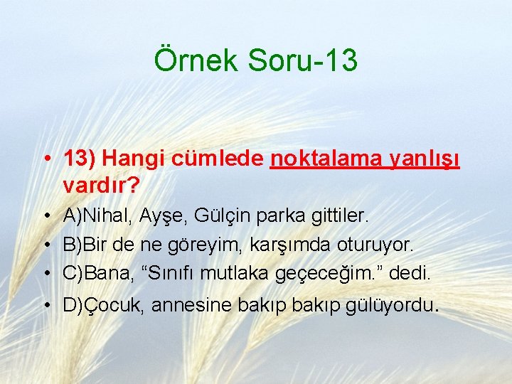 Örnek Soru-13 • 13) Hangi cümlede noktalama yanlışı vardır? • A)Nihal, Ayşe, Gülçin parka