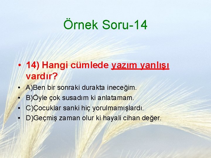 Örnek Soru-14 • 14) Hangi cümlede yazım yanlışı vardır? • • A)Ben bir sonraki