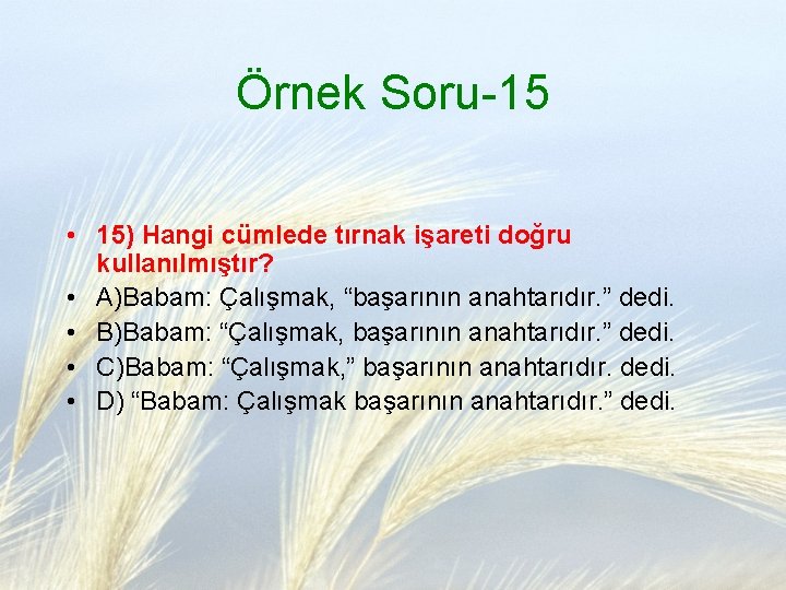 Örnek Soru-15 • 15) Hangi cümlede tırnak işareti doğru kullanılmıştır? • A)Babam: Çalışmak, “başarının