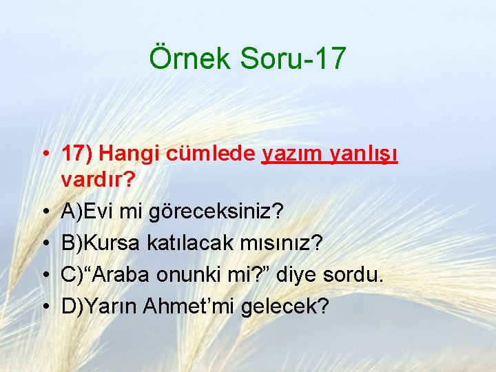 Örnek Soru-17 • 17) Hangi cümlede yazım yanlışı vardır? • A)Evi mi göreceksiniz? •