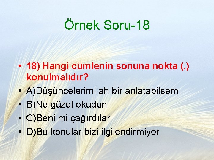 Örnek Soru-18 • 18) Hangi cümlenin sonuna nokta (. ) konulmalıdır? • A)Düşüncelerimi ah