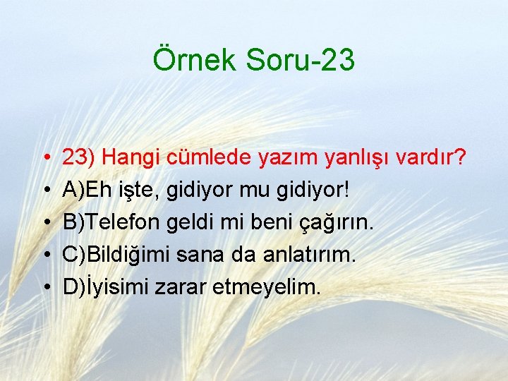 Örnek Soru-23 • • • 23) Hangi cümlede yazım yanlışı vardır? A)Eh işte, gidiyor
