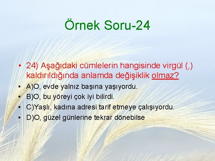 Örnek Soru-24 • 24) Aşağıdaki cümlelerin hangisinde virgül (, ) kaldırıldığında anlamda değişiklik olmaz?