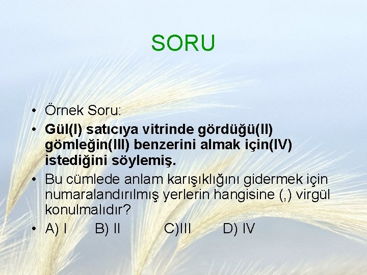 SORU • Örnek Soru: • Gül(I) satıcıya vitrinde gördüğü(II) gömleğin(III) benzerini almak için(IV) istediğini
