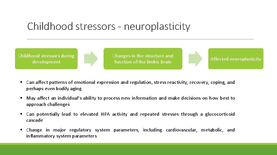 Childhood stressors - neuroplasticity Childhood stressors during development Changes in the structure and function