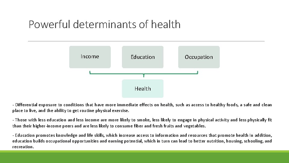 Powerful determinants of health Income Education Occupation Health - Differential exposure to conditions that