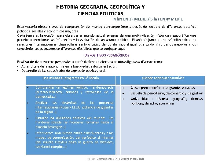 HISTORIA-GEOGRAFIA, GEOPOLÍTICA Y CIENCIAS POLITICAS 4 hrs EN 3º MEDIO / 6 hrs EN