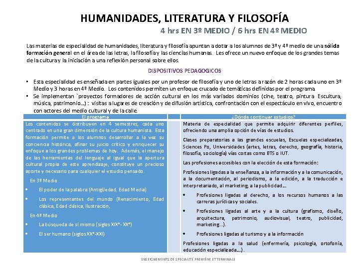 HUMANIDADES, LITERATURA Y FILOSOFÍA 4 hrs EN 3º MEDIO / 6 hrs EN 4º