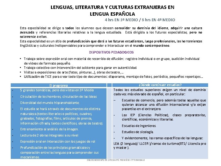 LENGUAS, LITERATURA Y CULTURAS EXTRANJERAS EN LENGUA ESPAÑOLA 4 hrs EN 3º MEDIO /