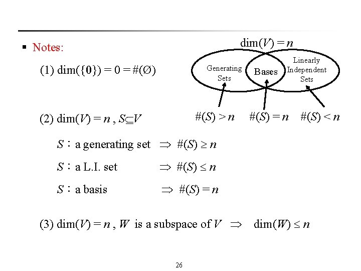 dim(V) = n § Notes: (1) dim({0}) = 0 = #(Ø) Generating Sets #(S)
