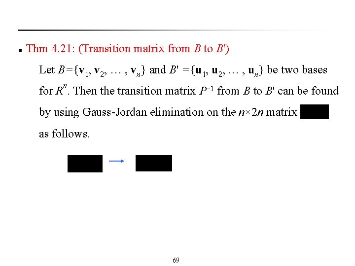 n Thm 4. 21: (Transition matrix from B to B') Let B={v 1, v