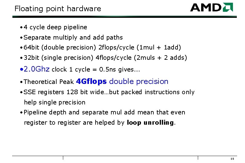 Floating point hardware • 4 cycle deep pipeline • Separate multiply and add paths
