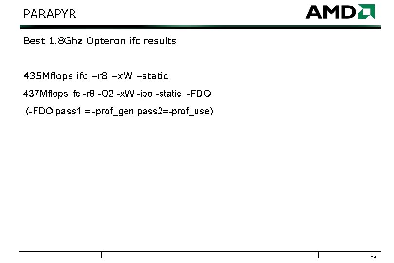 PARAPYR Best 1. 8 Ghz Opteron ifc results 435 Mflops ifc –r 8 –x.