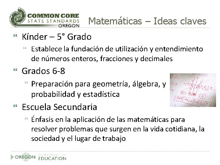 Matemáticas – Ideas claves Kínder – 5° Grados 6 -8 Establece la fundación de