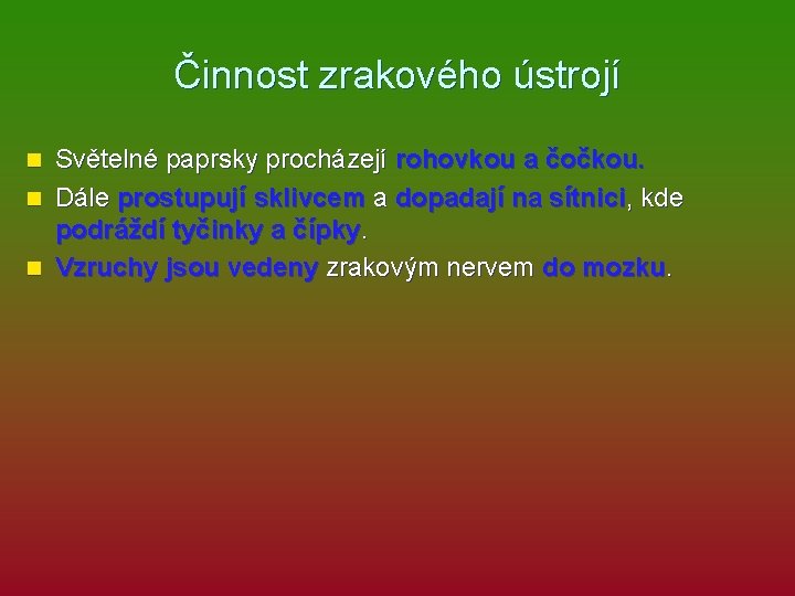 Činnost zrakového ústrojí Světelné paprsky procházejí rohovkou a čočkou. n Dále prostupují sklivcem a