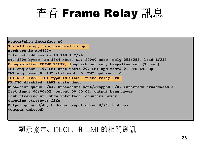 查看 Frame Relay 訊息 Router#show interface s 0 Serial 0 is up, line protocol