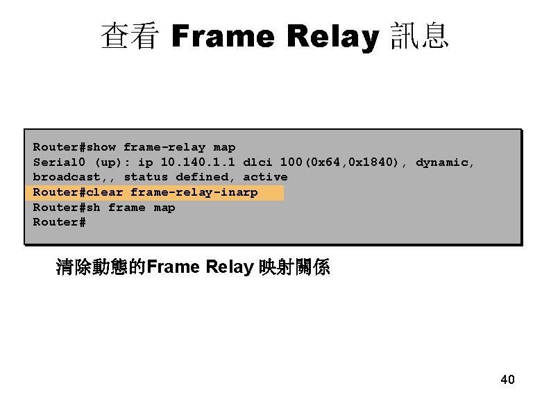 查看 Frame Relay 訊息 Router#show frame-relay map Serial 0 (up): ip 10. 140. 1.