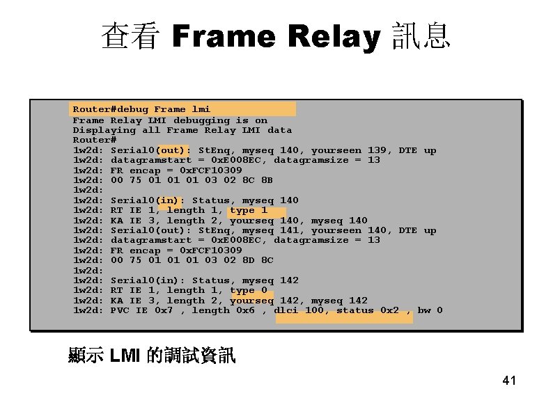 查看 Frame Relay 訊息 Router#debug Frame lmi Frame Relay LMI debugging is on Displaying