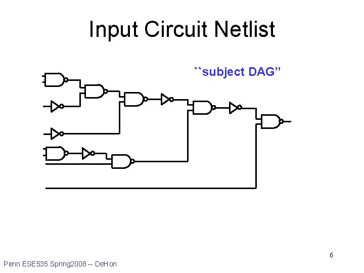 Input Circuit Netlist ``subject DAG’’ 6 Penn ESE 535 Spring 2008 -- De. Hon
