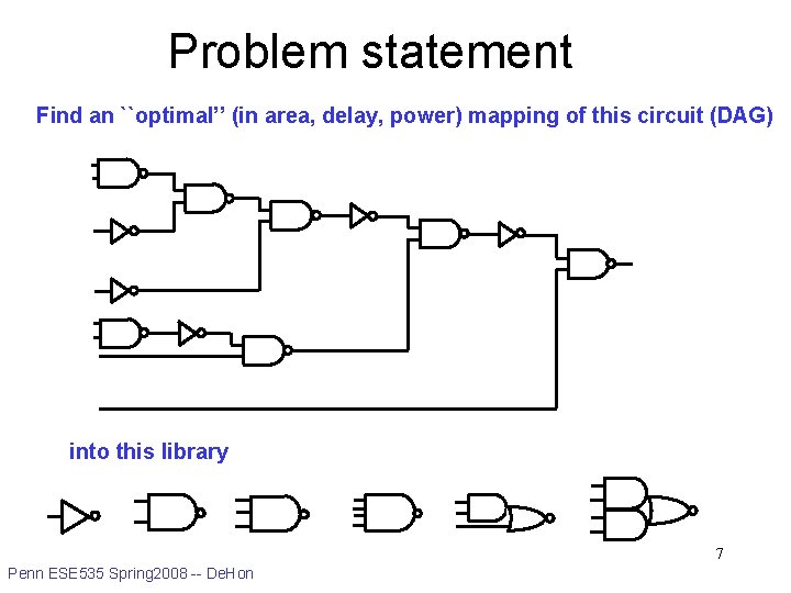 Problem statement Find an ``optimal’’ (in area, delay, power) mapping of this circuit (DAG)