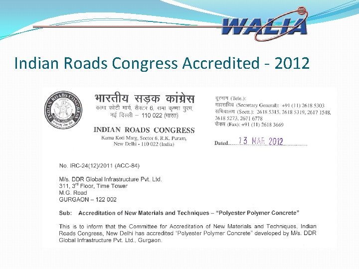 Indian Roads Congress Accredited - 2012 