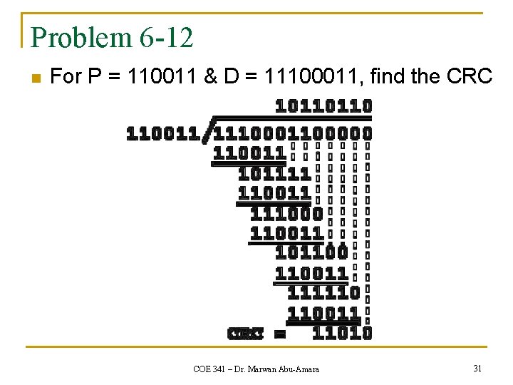 Problem 6 -12 n For P = 110011 & D = 11100011, find the Problem 6 -12 n For P = 110011 & D = 11100011, find the