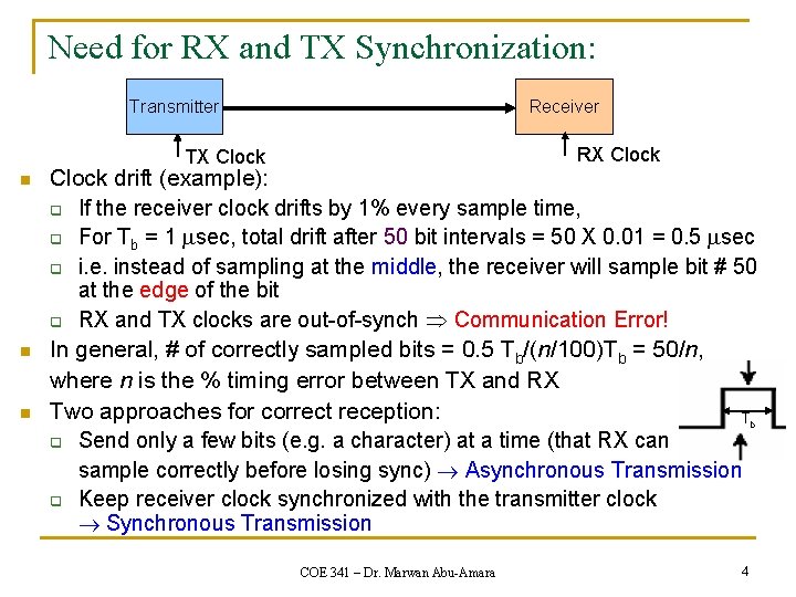 Need for RX and TX Synchronization: Transmitter Receiver RX Clock TX Clock n n Need for RX and TX Synchronization: Transmitter Receiver RX Clock TX Clock n n