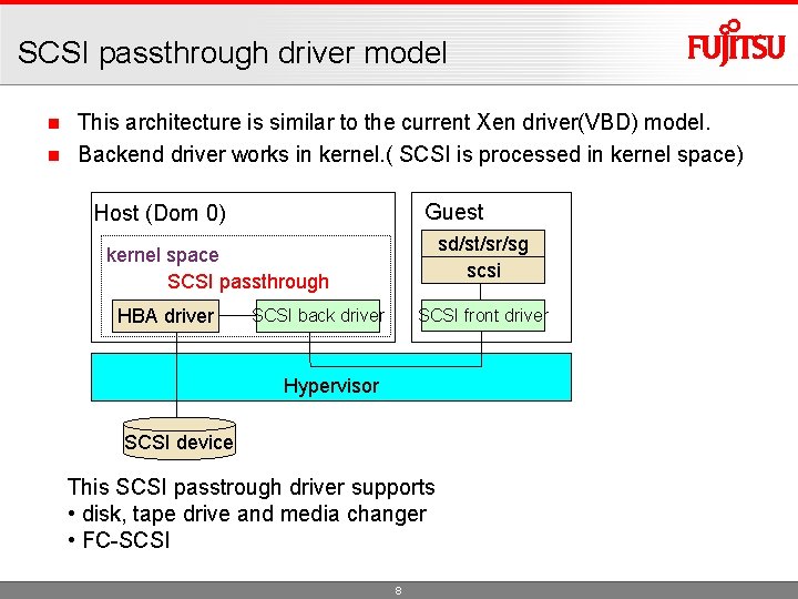 SCSI passthrough driver model This architecture is similar to the current Xen driver(VBD) model.