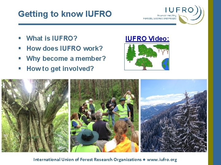 Getting to know IUFRO § § What is IUFRO? IUFRO Video: How does IUFRO Getting to know IUFRO § § What is IUFRO? IUFRO Video: How does IUFRO