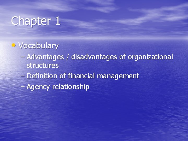 Chapter 1 • Vocabulary – Advantages / disadvantages of organizational structures – Definition of