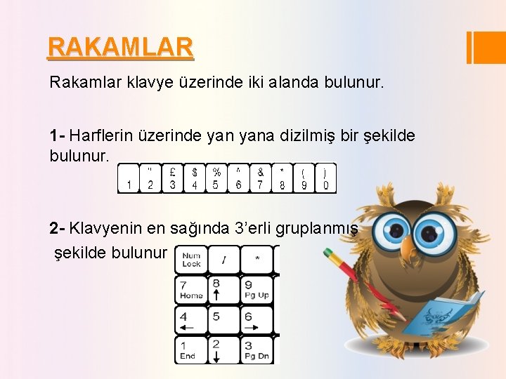 RAKAMLAR Rakamlar klavye üzerinde iki alanda bulunur. 1 - Harflerin üzerinde yana dizilmiş bir RAKAMLAR Rakamlar klavye üzerinde iki alanda bulunur. 1 - Harflerin üzerinde yana dizilmiş bir