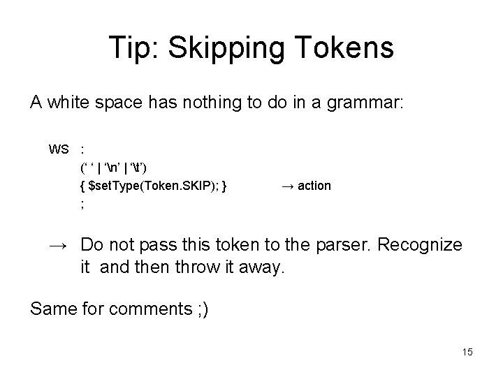 Tip: Skipping Tokens A white space has nothing to do in a grammar: WS