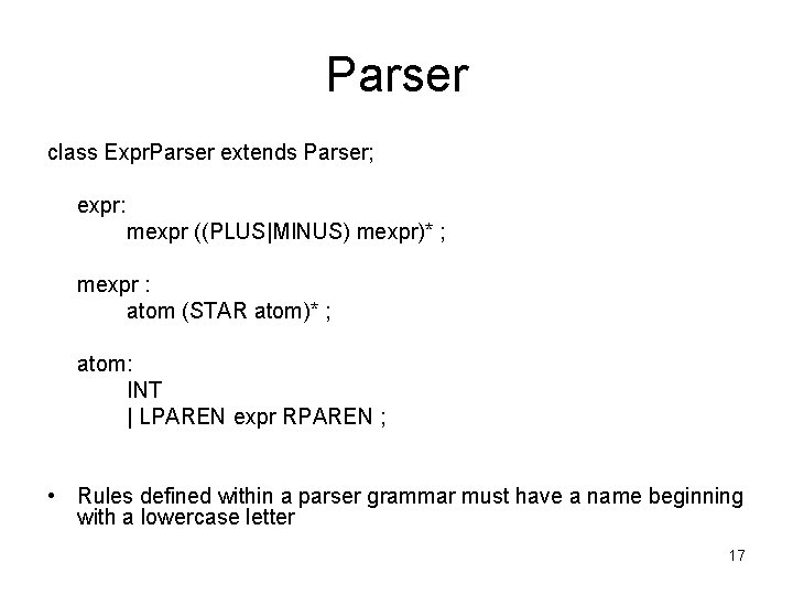 Parser class Expr. Parser extends Parser; expr: mexpr ((PLUS|MINUS) mexpr)* ; mexpr : atom