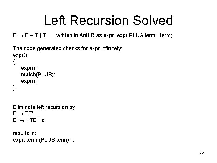 Left Recursion Solved E→E+T|T written in Ant. LR as expr: expr PLUS term |