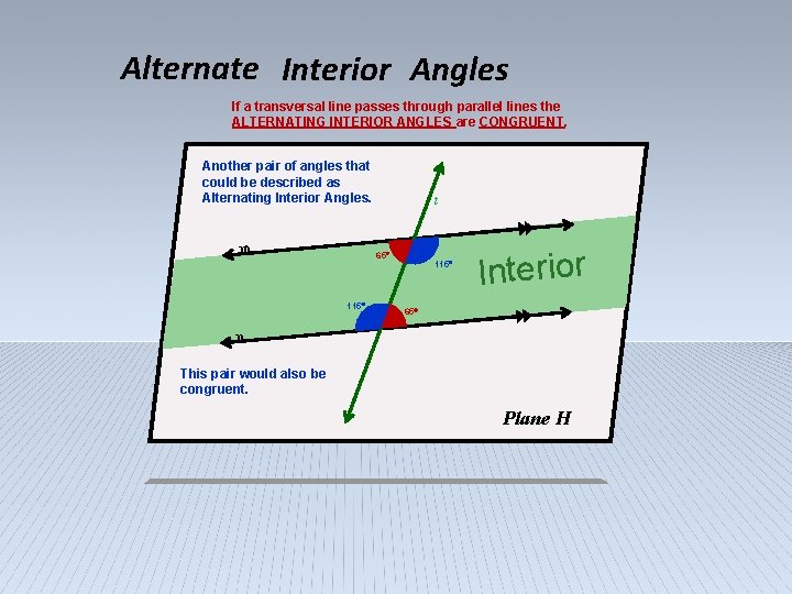 Alternate Interior Angles If a transversal line passes through parallel lines the ALTERNATING INTERIOR