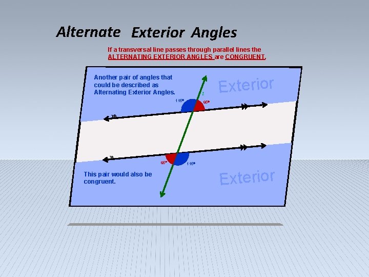 Alternate Exterior Angles If a transversal line passes through parallel lines the ALTERNATING EXTERIOR