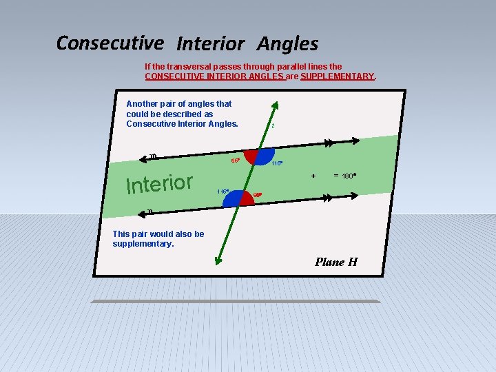 Consecutive Interior Angles If the transversal passes through parallel lines the CONSECUTIVE INTERIOR ANGLES