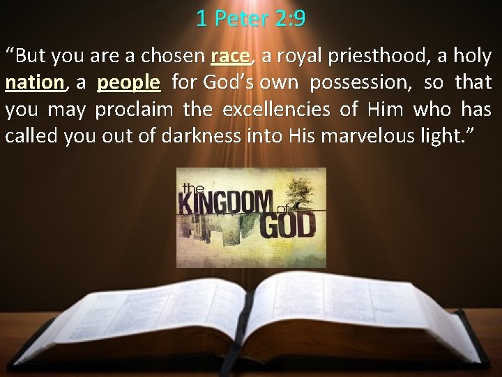 1 Peter 2: 9 “But you are a chosen race, a royal priesthood, a