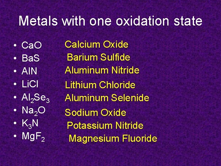 Metals with one oxidation state • • Ca. O Ba. S Al. N Li.